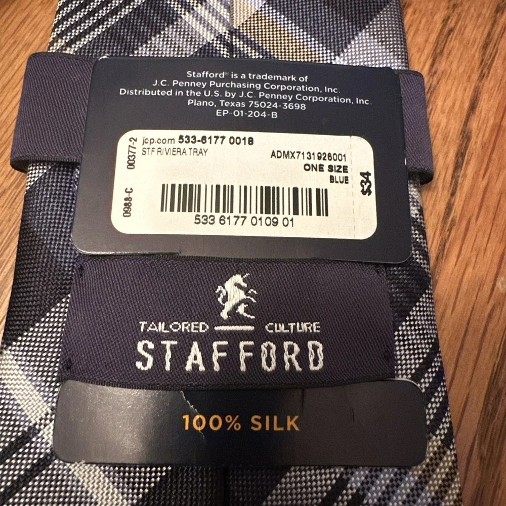 Stafford Men's Neck Tie New With Tags Navy‎ Blue Brown Plaid Check 100% Silk
